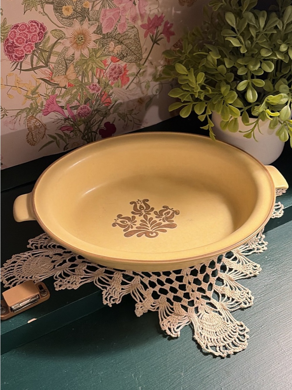 Pfaltzgraff Yellow Oval Ceramic Serving Dish with Brown Floral Medallion